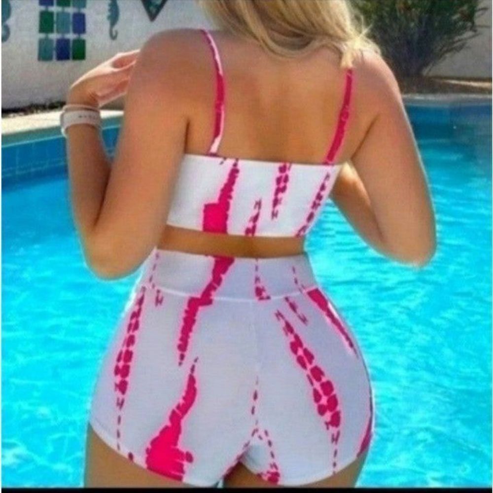 Ladies Tie dyeWhite and pink All Over Print two-piece swim suit
